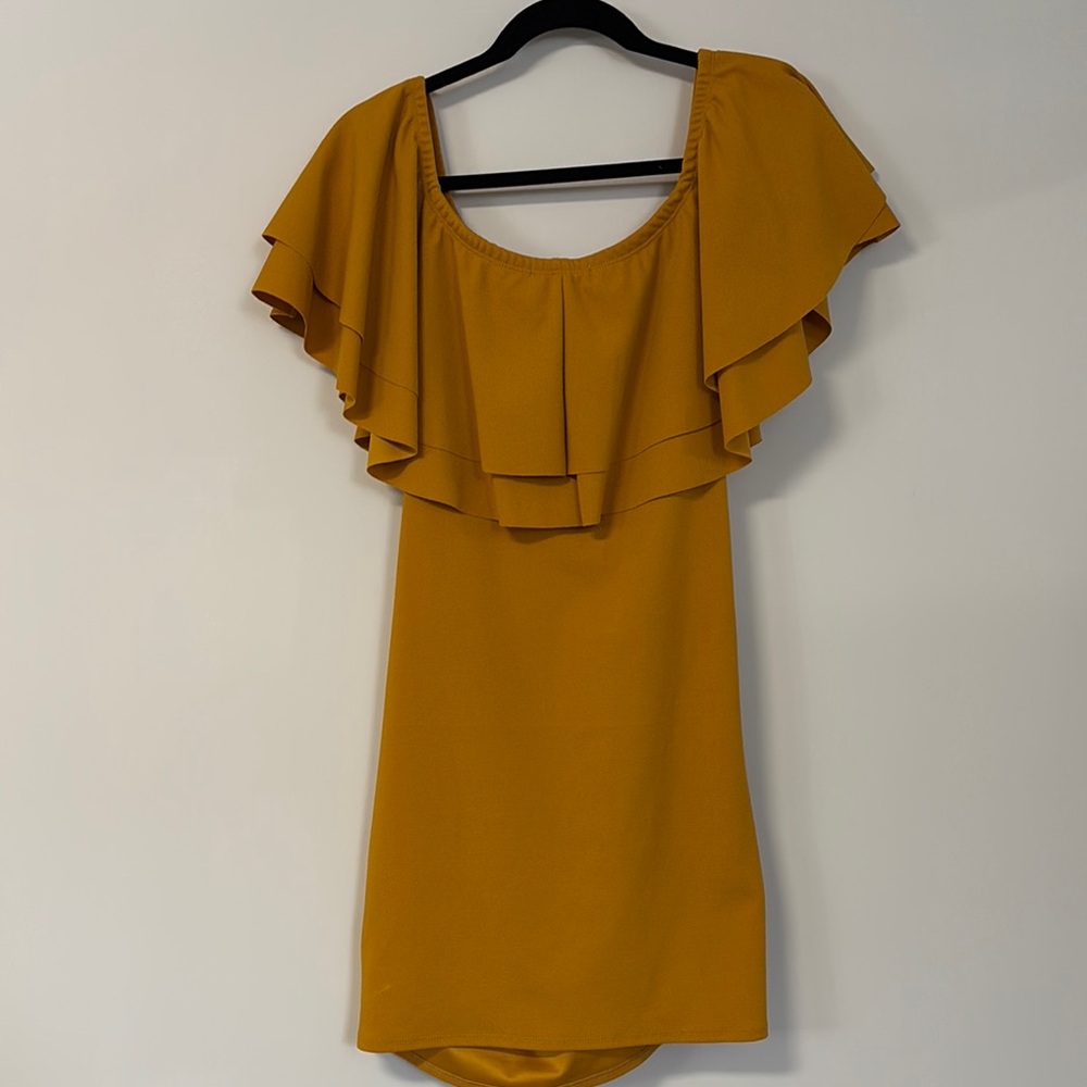 NEW Maternity Mustard Ruffle Dress - Picture 3 of 4